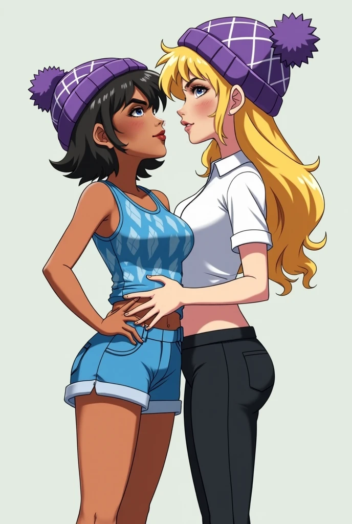 two women laying in the grass together, kissing passionately, toungue. The first is Rapunzel. The second is Ariana Grande, dark skin. sweating, wet pussy, NSFW, dirty, ripped clothes, nipples,