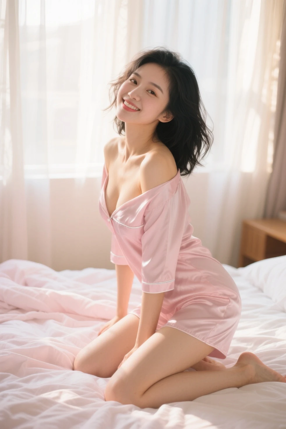 ((((top-quality))))、(((Ultra Precision CG16K Wallpapers)))、(((masterpiece)))、(((ultra-detailliert)))、(((Ultra-extreme details)))、1Man Woman、a matural female、a 25yo woman、((Korean Face))、((extremely beautiful face))、((sasaki nozomi:1.5))、((Soft wave semi-long hair:1.3))、(shinny hair)、Bangs up to the eyebrows、Beautiful brown hair、Beautiful delicate eyes、Brown eyes、raised eyebrows、lofty nose、small nostrils、Small mouth、seductive lips、slightly open mouth、Beautiful breasts、C-cup size breasts、cleavage of the breast、Plump body、perfectly proportions、perfect anatomia、perfect-composition、beautiful detailed shading、Beautiful natural lighting、Beautiful detail glow、depth of fields、(((a high chroma)))、(((realisitic:1.9)))、((Vivid:1.4))、((Beautiful skin))、((Skin texture))、((Realistic skin feeling))、(((Head-to-thigh shot:1.5)))、((birdseye view:1.8))、((a smile:1.4))、(Eyes looking at me)、Bright sunshine、(((laying on back in bed:1.8)))、(supine pose)、(((Pink see-through nightgown:1.5)))、(((over knee socks clothing:1.5)))、((Open two arms、spread two legs:1.5))、
