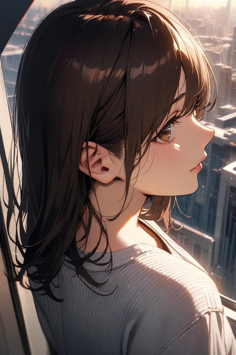 (masterpiece, top quality, best quality, official art, beautiful and aesthetic:1.2),
1girl, adult woman,
close up photo ,
unique angle view ,
ginger hair , single pony tail,
medium breasts, ,
nsfw,
knit sweater ,
lips closed, subtle lipstick, 
slight smile , freckles ,
golden eyes , beautiful eyes, staring into my soul, looking at viewer, , 
anime ,
side view ,
high fantasy style ,
city background ,
<lora:add_detail:-2>