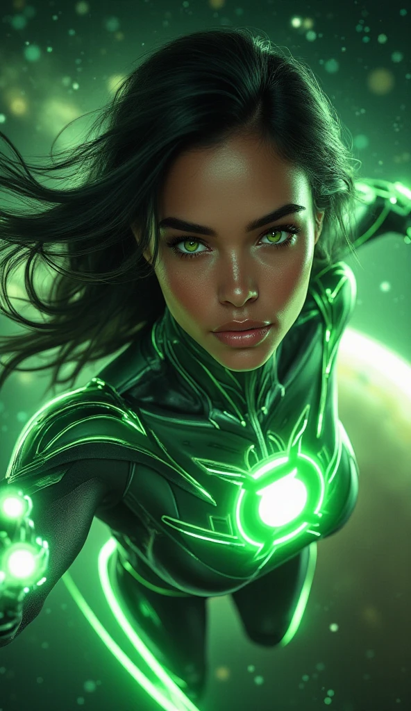 Brown skinned woman with green eyes and fleshy lips wearing a green lantern cosplay