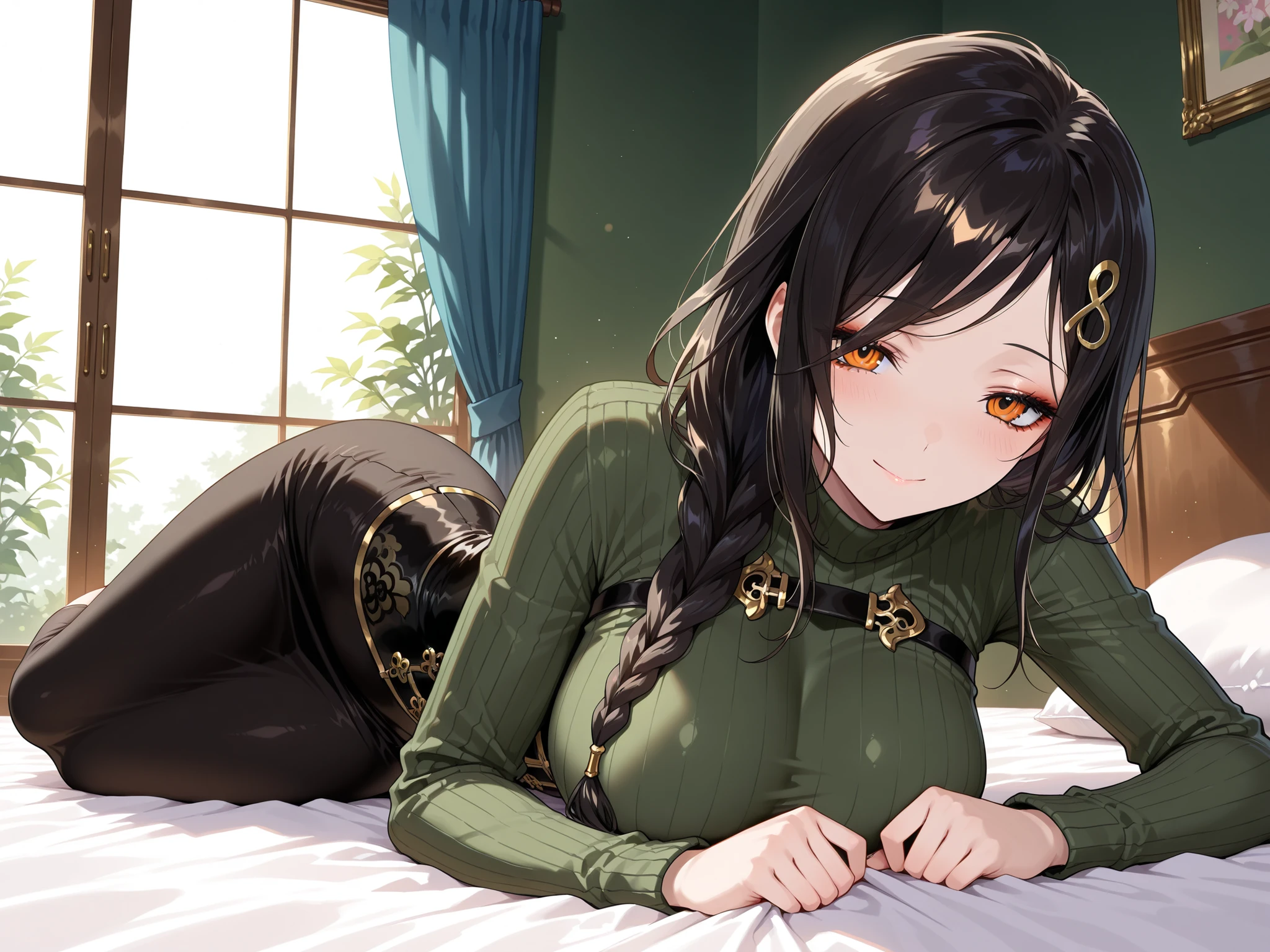 masterpiece,best quality, amazing quality, highres, absurdres, very aesthetic, high resolution, ultra detailed, perfect details,nijitomoe,large breasts,orange eyes,black hair,makeup,long hair,single braid,hair over sholuder,hair ornament,nijitomoecos,green sweater,ribbed sweater,long sleeves,gold trim,black corset,black skirt,long skirt,look at viewer