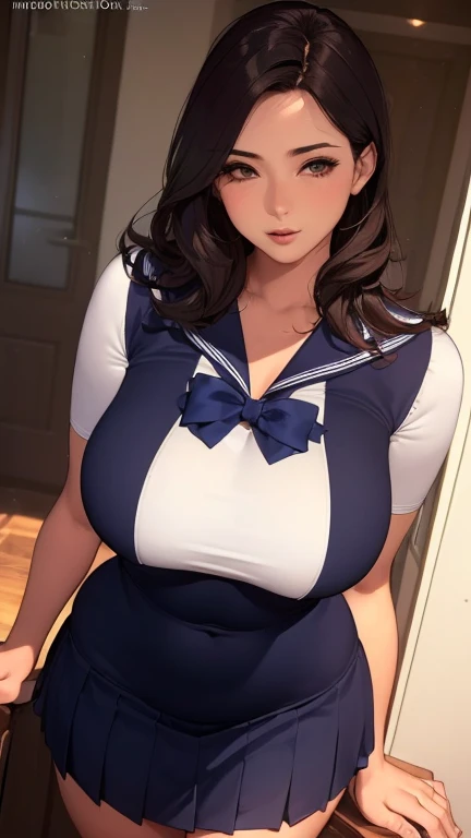 (8k, highest quality, Tabletop:1.4), (Intricate details:1.3), (Realistic), (Super detailed), One Girl, alone, (Married women、40s)、Beautiful woman、Mature Woman, Front view, (Leaning forward:1.2), Showing cleavage, View Viewer, Nankoku Resort, Detailed long hair, (Fluffy long black hair), Fine grain,, Hourglass-shaped body shape, (Sensual curvaceous body:1.1), (Huge breasts), Thick thighs, Wide Hips, Narrow waist、( uniform),(Sexy Sailor Suit ),(Pleated mini skirt)、Realistic lighting, Natural soft light, Dynamic Lighting