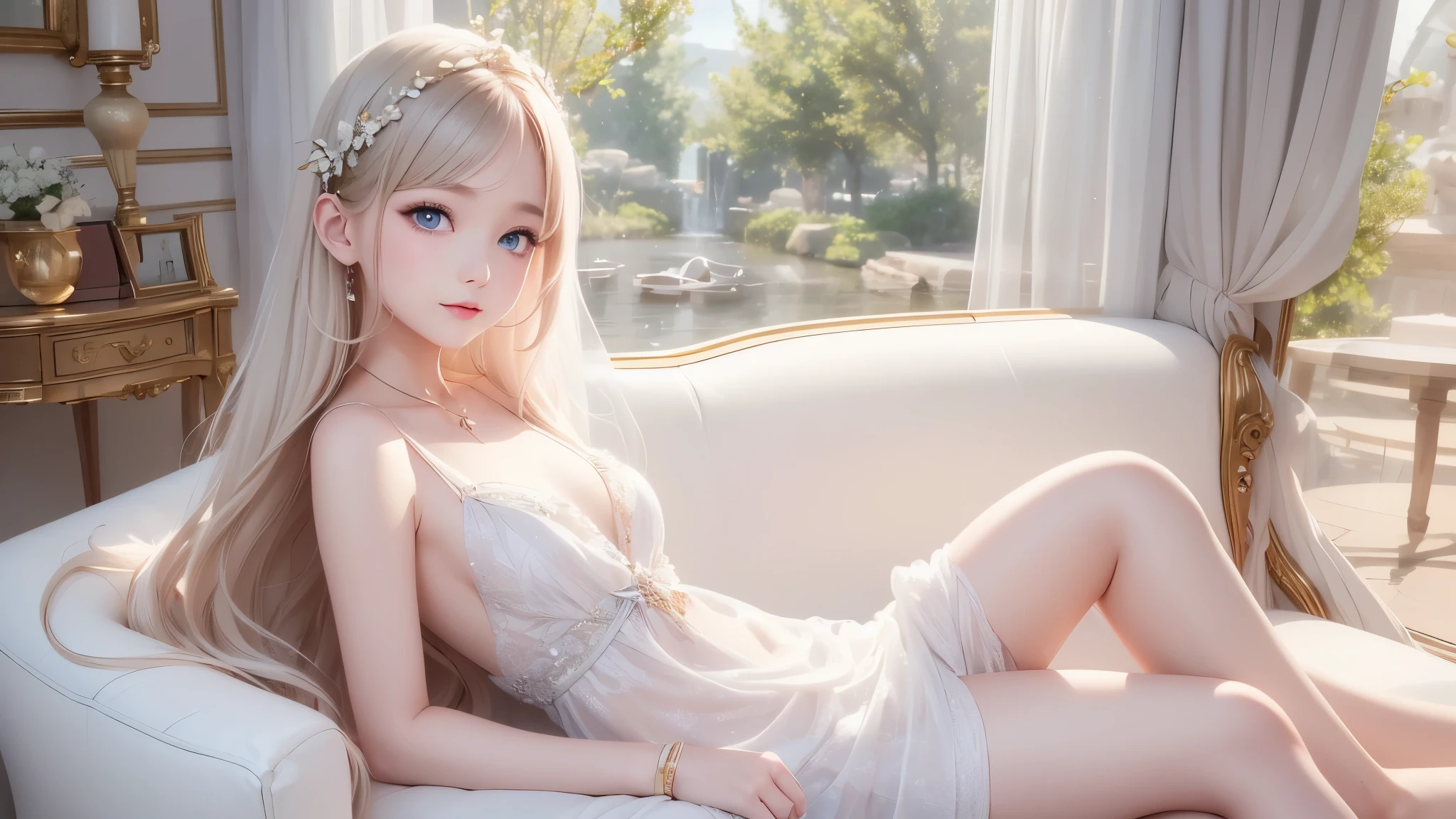 There is a woman in a white dress, artwork in the style of Gwaiz, Gwaiz on pixiv artstation, Gwaiz on artstation pixiv, Gwaiz, Fantasy art style, Gwaiz masterpiece, Beautiful and elegant queen, Beautiful character drawings, Detailed digital anime art, Blonde Princess, Gray Hair, Sky blue eyes, Pink Lips, (small breasts:1.5)、greek clothes , sara, sitting on the couch、(ドラマティックでエモーショナルなシーン)、from side