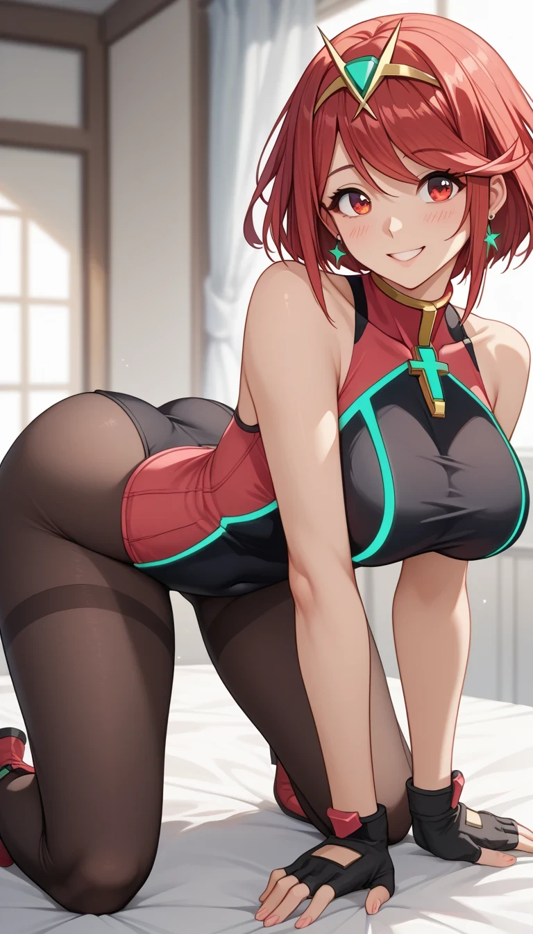 nsfw. score_9, score_8_superior, score_7_superior, anime, Homura(Xenoblade Chronicles 2), Red eyes, Redhead, short hair, tiara, Earrings, Chest jewels, High leg leotard, Diagonal bangs, Beautiful Eyes, Perfect Face, Perfect hands, Perfect Fingers, barefoot, hanging breasts, Very beautiful long legs, Thighs, pantyhose,Puffy nipples, Pussy juice, ahegao, trembling, foot focus, squatting, arms behind head,