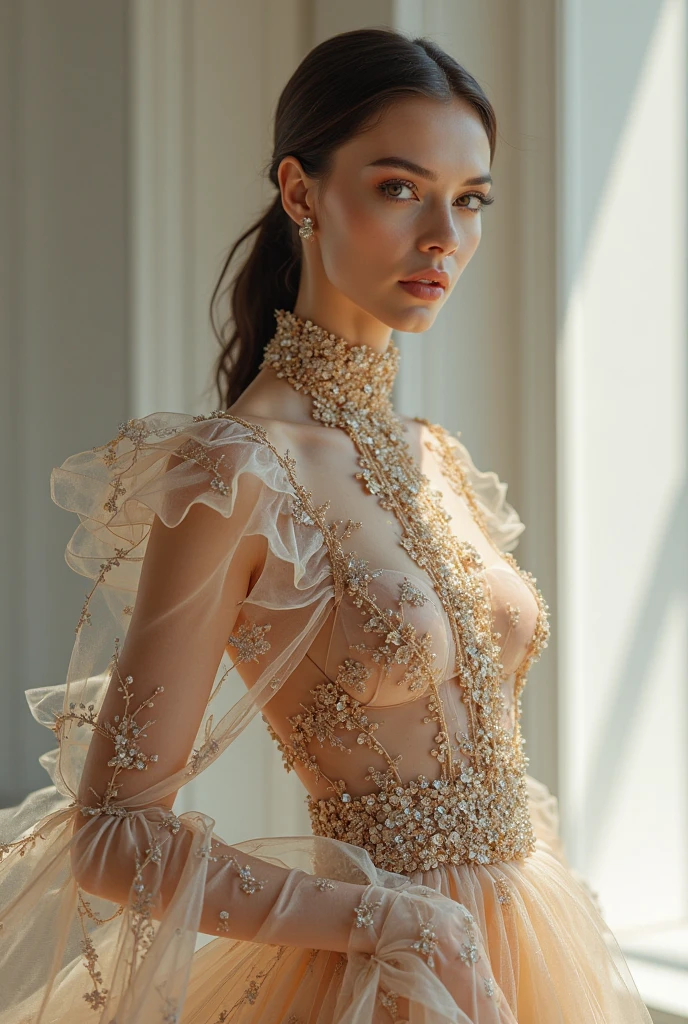 Masterpiece, (((full figure))) entire body in frame, (((magical lighting action shot))) (((beautiful slight smile anorexic pale goddess irrish woman standing frozen in glass))), (((intricate wedding dress))) , (((short redhead hair))) sunset lighting, golden hour, golden colors, very detailed, dramatic lighting, digital art trending on Artstation 8k HD high definition detailed realistic, detailed, skin texture, hyper detailed, realistic skin texture, armature, best quality, ultra high res, (photorealistic:1.4), high resolution, detailed, raw photo, sharp re, by lee jeffries nikon d850 film stock photograph 4 kodak portra 400 camera f1.6 lens rich colors hyper realistic lifelike texture dramatic lighting unrealengine trending on artstation cinestill 800, (((accurate female anatomy, perfect eyes)))