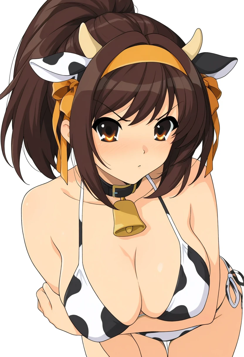 1girl, solo, long hair, breasts, looking at viewer, blush, smile, open mouth, bangs, large breasts, brown hair, ribbon, navel, twintails, brown eyes, swimsuit, hair ribbon, yellow eyes, :d, bikini, horns, choker, bell, arms behind back, thigh gap, animal print, neck bell, cow print, cow ears, cow horns, cowbell