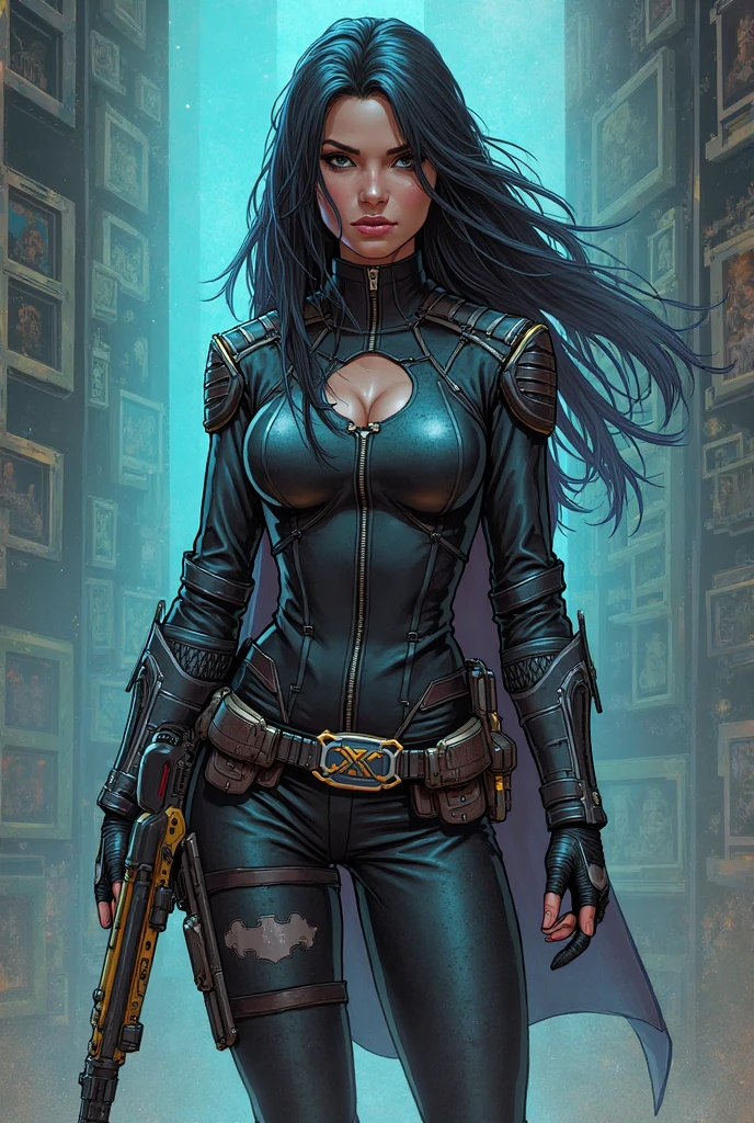Lexa Doig, ((chainpunk)), belts and straps, chains, ((chaincore)), sleek futuristic outfit
