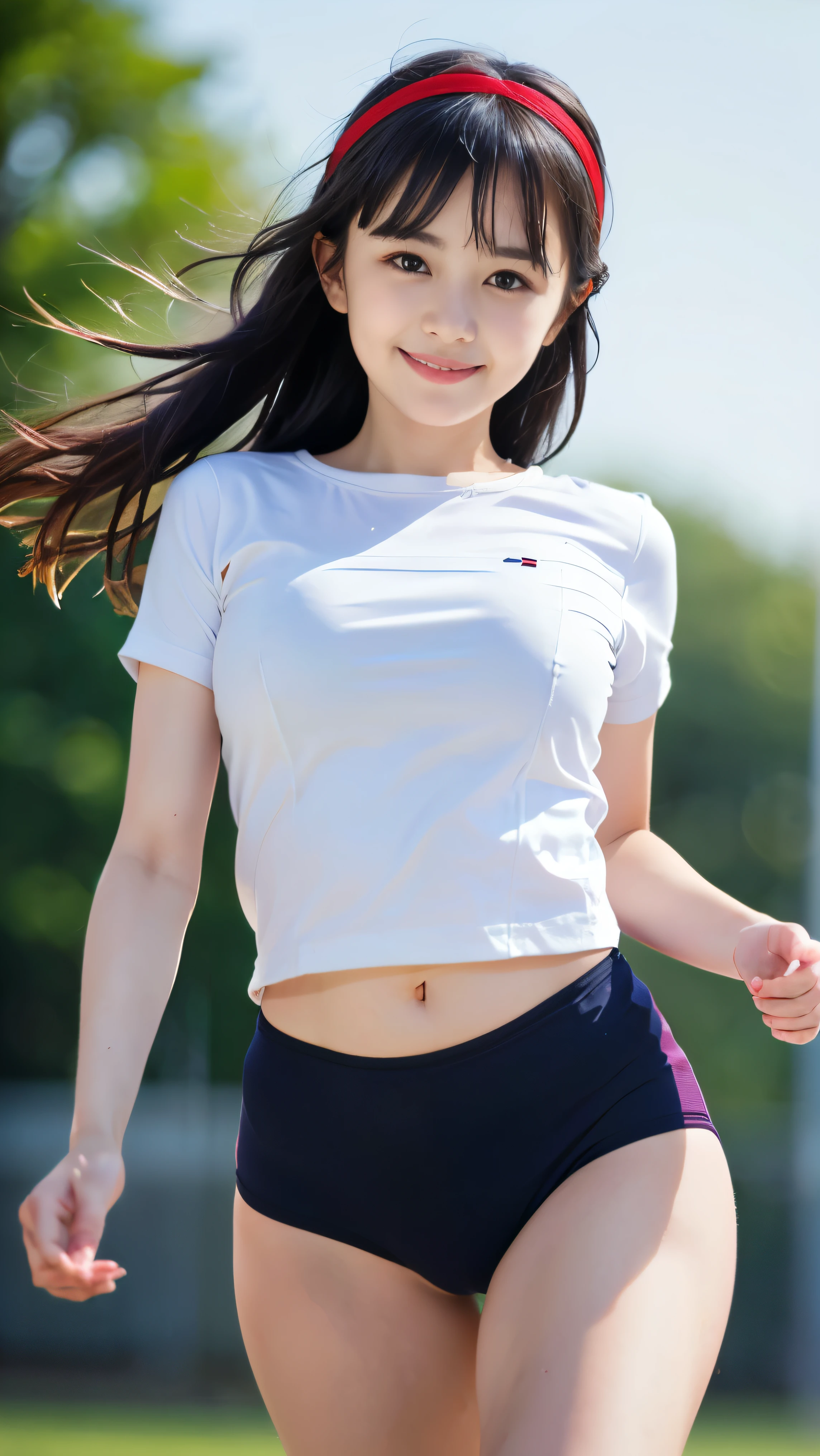 (8k),(masterpiece),(Japanese),(),((Innocent look)),((Childish)),Front view,smile,cute,Innocent,Kind eyes,Sports bra,Blue checked short skirt,semi-long,Hair blowing in the wind,Black Hair,Somewhat strong wind,noon,bright,Skirt Lift,No underwear