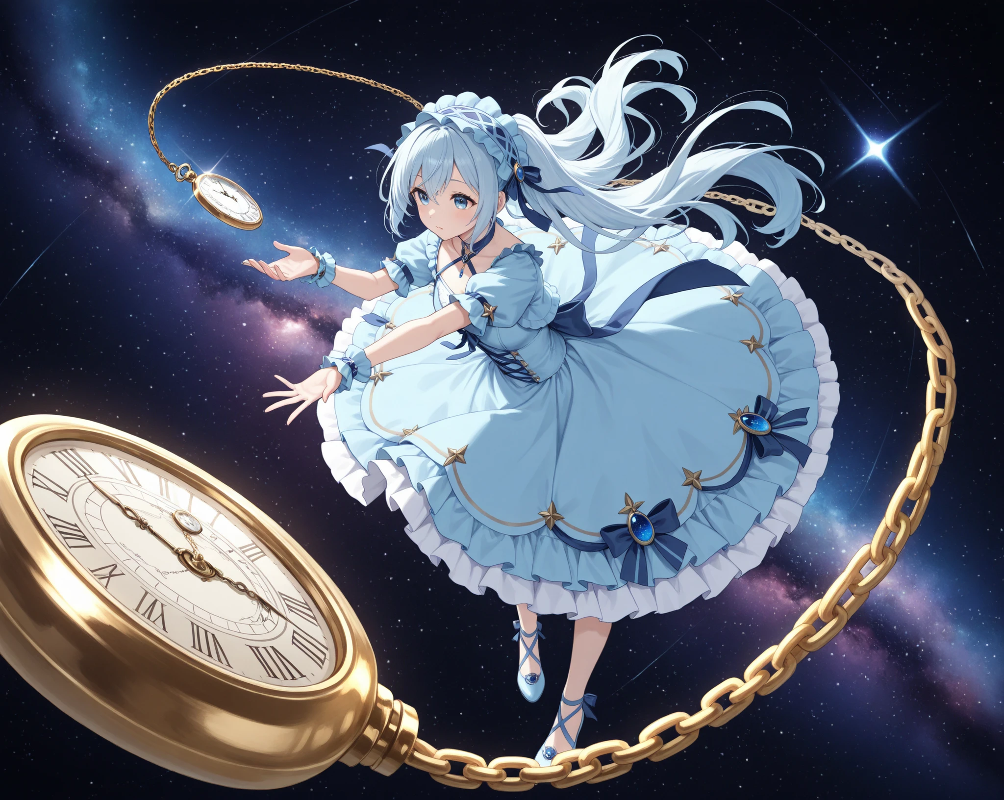girl, Light Blue Gothic Dress,    Mysterious Space,  twisted pocket watch