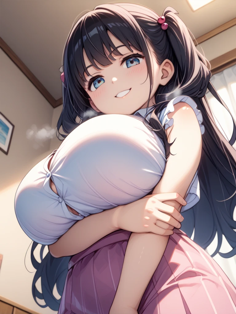 ((masterpiece)), ((best quality)), (ultra-detailed), ((extremely detailed)), 4K, (8K), best quality, ((perfect anatomy)), five fingers, ((((beautiful detailed eyes)))), (((world-class quality))), photorealistic, extremely detailed, high resolution, (detailed shaded pretty face), (((house wife))), solo, (((sagging breasts))), (((wearing sweet_dress))), glowing detailed skin and hair, white-skinned, (((glistening skin))), kasumi iwato, ((curvy)), baby face, (half updo), naughty face, blush, arms behind head, perspired, huge breast
