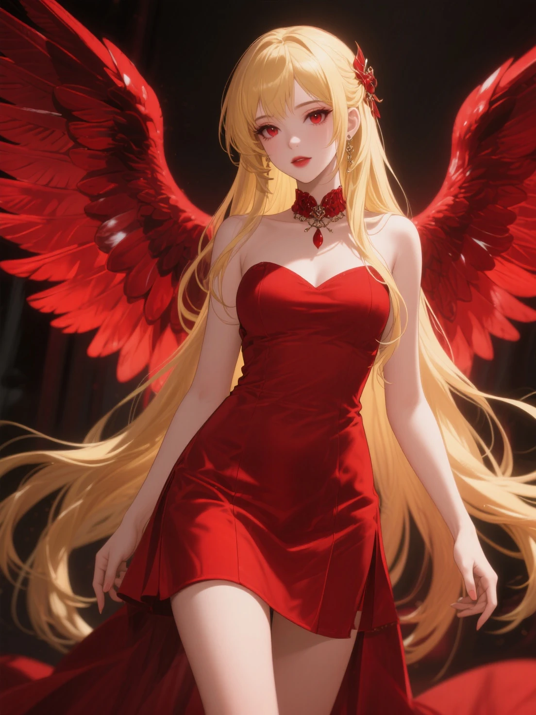 Ultra-detailed and gorgeous, gorgeous long blonde hair flows, a ferocious vampire woman standing with her wings spread in the night, elegant black and red dress, beautiful face, stylish, red eyes,
Cinema-like lighting, the female figure with a fantastical cold air and the contrast of bolder color schemes and elements give the work a fascinating narrative. Realism expressed in dark design colors, photorealistic, 8k, fantasy digital art, HDR, UHD.