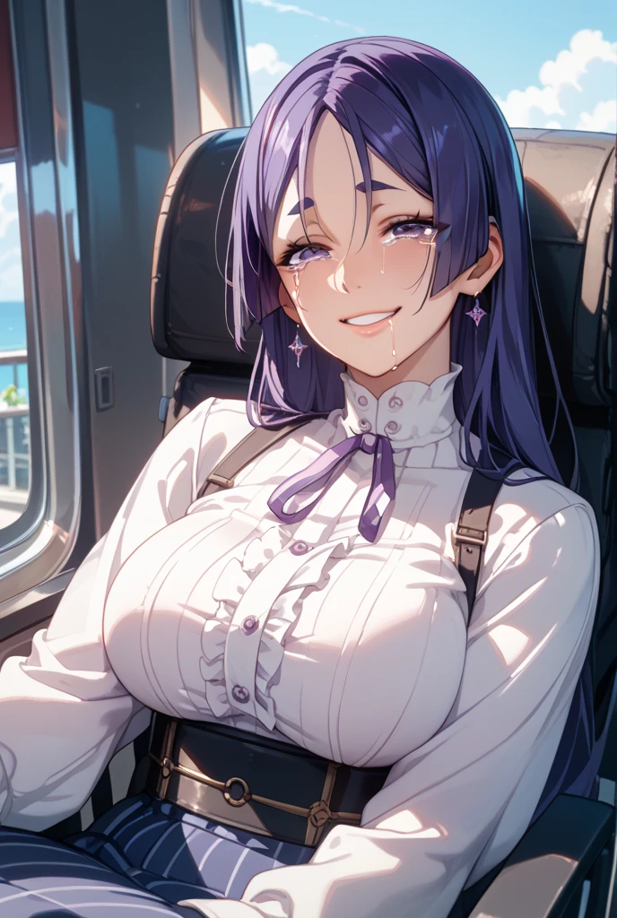 ((masterpiece,best quality)),hair accessories,purple hair,Seductive pose,Cock your ass,cleavage,,A thousand flavors,Beautiful and moving,Touch the right chord,scantily clad,barefaced,,underwear,lace,cute,white pantyhose,sitting,On the plane,whole body,full,Fu Xuan,