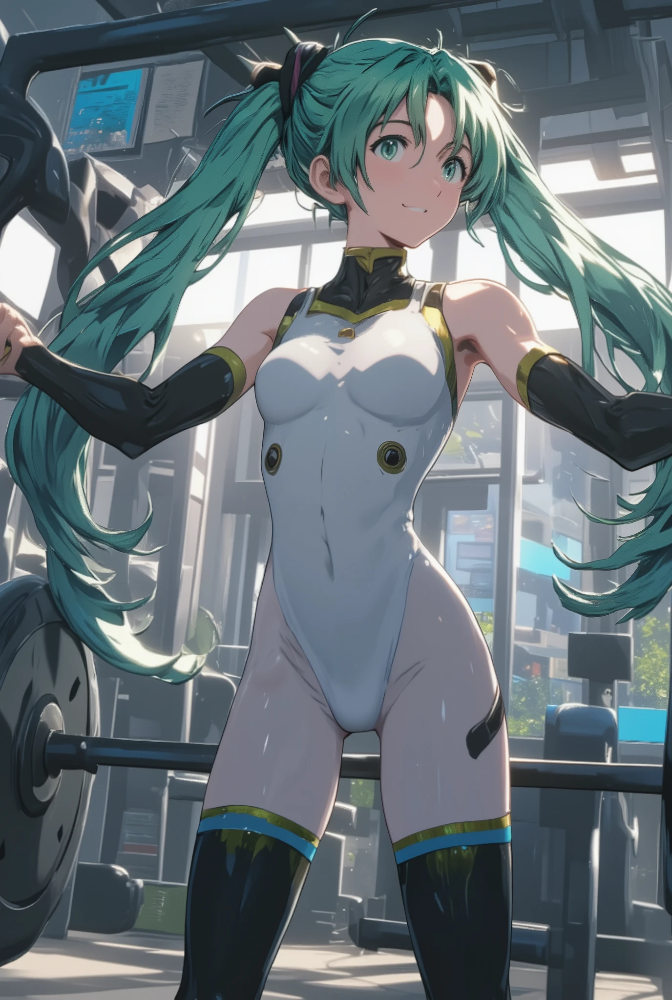 ((nsfw)), ,Hatsune Miku, wearing a sportswear, trains intensively in a bodybuilding gym, buff, looking a viewer, weights, musculature , workout, Thigh muscles, muscle arm,