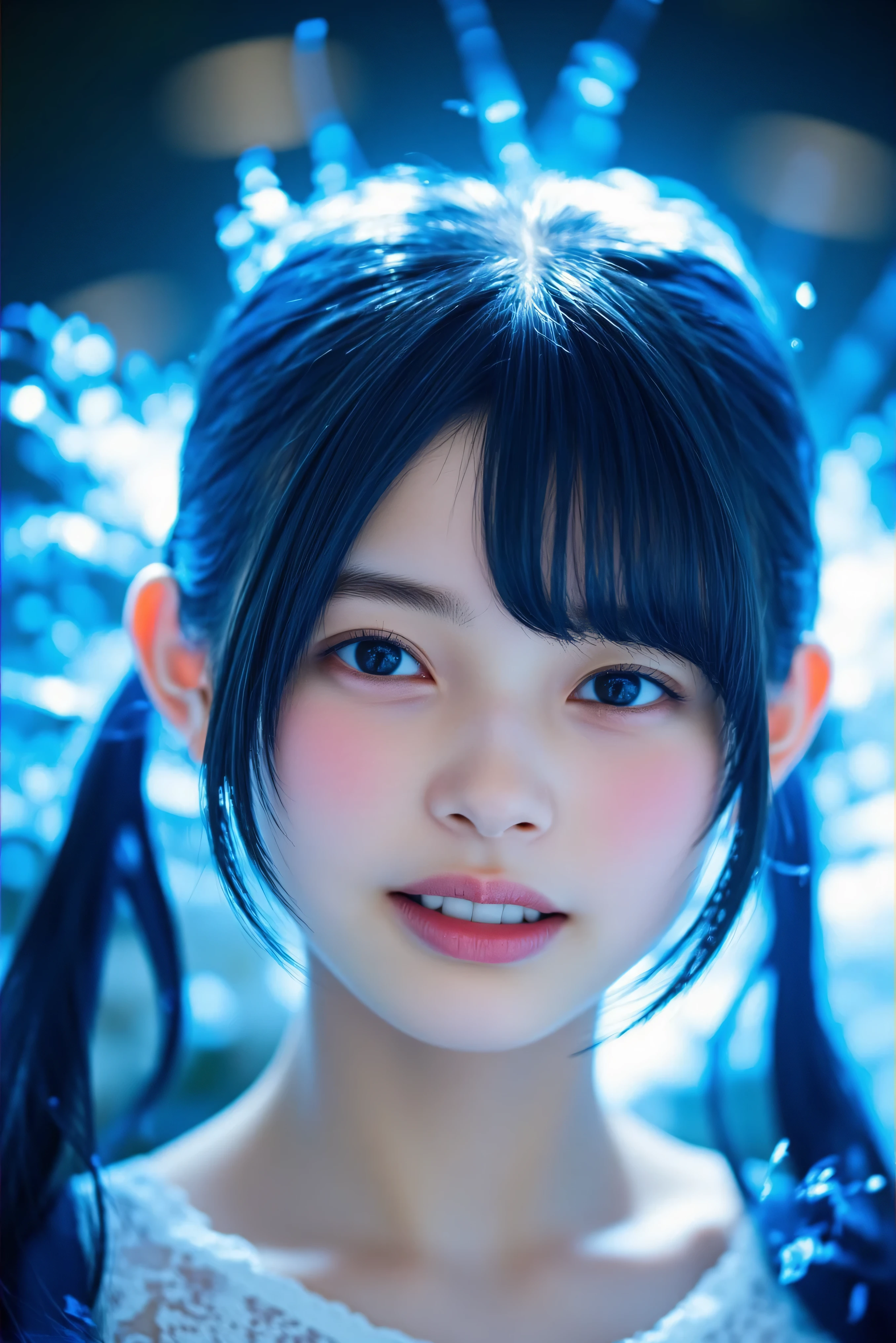 Allafard asian girl with blue hair and white shirt,Kawaii realistic style artwork,Stunning anime face portrait