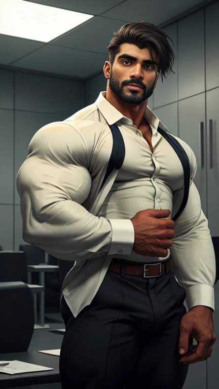 Indian tall muscular man in formal suit doing work, age 30, in office, strong bulge, seductive, hd, hdr, D750F nikon, realistic, erotic, exotic