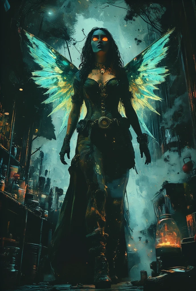 We find a captivating , mystical caramel skinned goddess looking ravishing and earthy with a statuesque and curvy physique, adorned in a corset dress embroidered with sacred equations and esoteric symbols woven in shimmering gold thread her diaphanous gown draping elegantly across her shoulders, stands tall amidst a breathtaking, star-studded celestial expanse. Ethereal majestic feathery blue and green wings unfold from her back like a shimmering aurora. Her seraphic visage is crowned with whisicsl, curly dark iridescent hair, and a smoldering dark eyed gaze greets the viewer, in an elegant contraposto pose she weaves an incantation and grins roguishly at the viewer in challenge. A large gold and emerald necklace shines like a beacon and radiates an otherworldly aura upon the mysterious atmosphere. Behind her, a titanic, cosmic maelstrom churns, as the universe itself bends to her will, with glimmering phantasmagoria and eerie cosmic forms surround her and behind. She unleashed the powers of nature and balance in a blast of magical energy rocks planet Earth in a photorealistic style blending the dark, mystical elements of Gerald Brom's Gothic fantasy art, the vibrant, fantastical depth of Noah Bradley's dreamscapes, and the visionary, ethereal aesthetic of Andrew Gonzalez's cosmic landscapes, with meticulous attention to intricate details, believable texture, and atmosphere. nv_gemtech yinyangtech horror show. Hkevil
monster ArtNouveauAI cel stos
nightmare Alien_botanical. glowing, mystical, enchanted, magical, ethereal, ancient artifacts, warm light, soft glow, fantastical creatures, whimsical, steampunk, fantasy, cobbled streets, amber light, enchanted shop, mysterious atmosphere. Dreamlike world zavy-drkcnmtc
deep shadows
cinematic darkness
underexposed
chiaroscuro
atmospheric haze
low-key lighting.