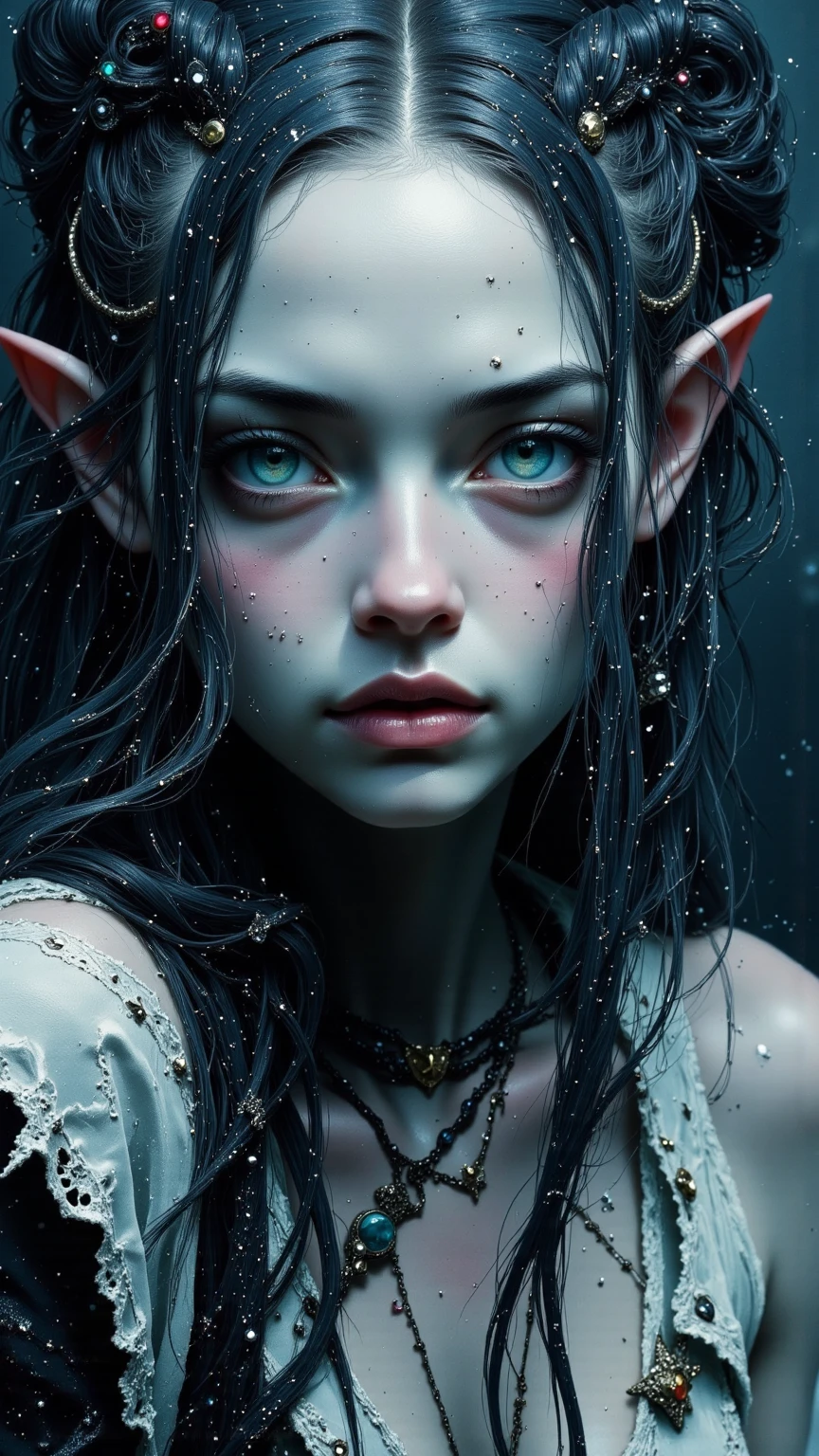 creates horrifying beings, of many colors and with bleeding pigmentation, which takes place in a river next to a forest with dense fog, all in 4k definition