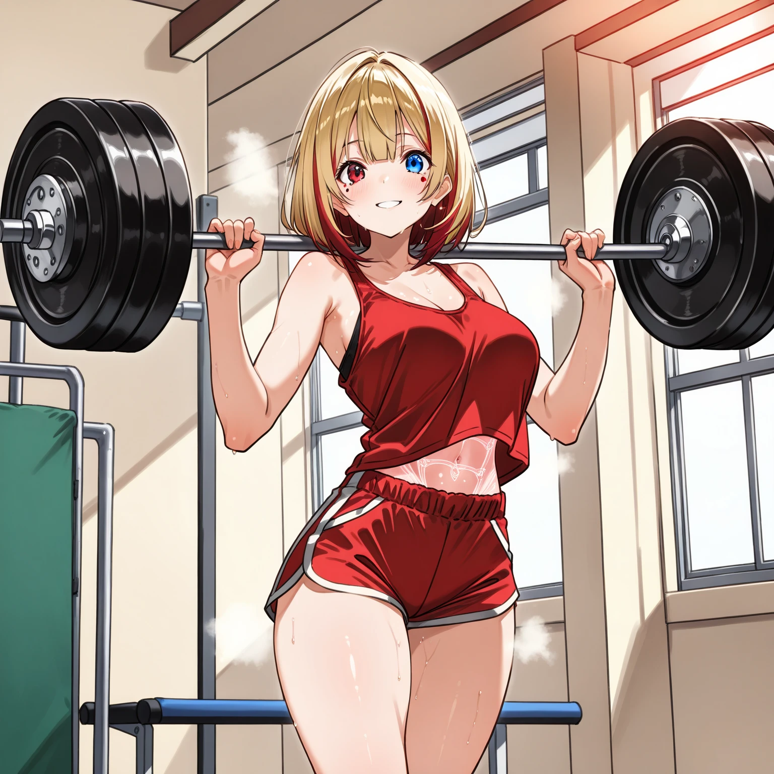There is a woman holding a barbell in her hand, Chun Li in the gym, muscular girl, Working out, (gritting her teeth), in a gym, weightlifting, strong chest, muscular!!!, Background A gym, Beautiful anime girl squatting, Fit girl, loli, strong woman, Asuka outfit under clothes!!!, Cottagecore!!!! Fitness body, abs, (six pack:1.6), brown eyes, ((sweat)), nose