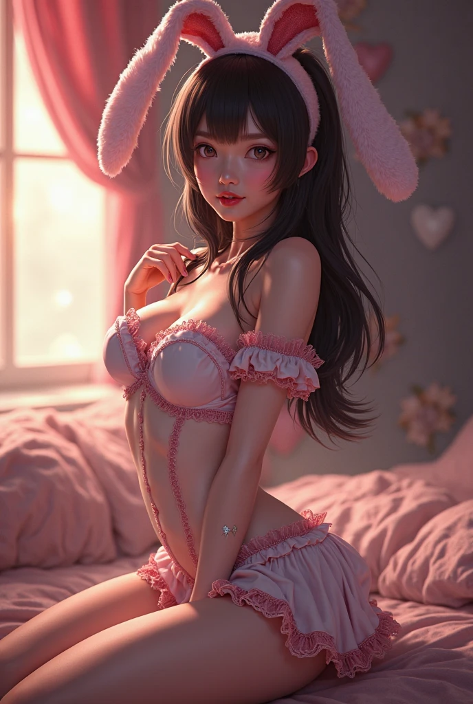 HD detailed RAW color photos,Toned physique,(elegantly,pretty face),(essential oil:0.6),(tesla coils:0.4),softlighting,(Sideslit:0.8),Shadow projection,Deep focus,Shot with a LYCRA 10772 MP,85mm macro lens,f/8 aperture,Film stills,(Bunny Girl,erogenous),long haired,fashion: A woman dressed in a red bunny girl,There are pink lights on the chest and chest,Wearing rabbit ears,Long hair,Panty hose,Sit with your legs touched