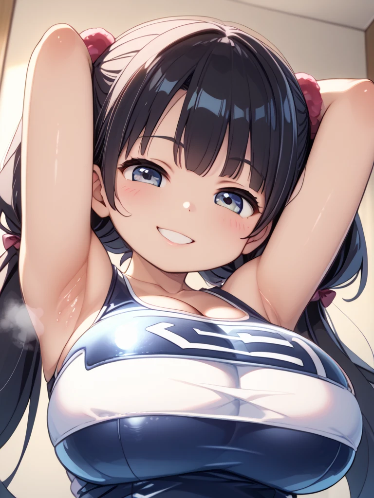 (highest quality), (masterpiece), 1080p, hd, 4k, 8k, spread legs, legs up, open mouth, saliva, lie on own back, small breasts, cheerleader, Cheerleader, side tie panties, spread legs, two side up, Low angle, strap, choker, whole body, blush, embarrassing, black hair, 18-year-old,