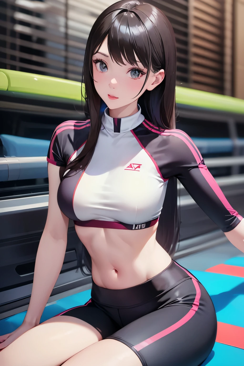 ((Masterpiece)), best quality, absurderes, ultra detailed, holographic, cowboy shot, golden ratio, super cute girl, mature girl, idol girl, super beautiful asian girl with very beautiful violet glowing eyes, beautiful glowing brown multicolored hair, high ponytail, nice and sexy body, slim body, perfect body, wearing a super tight anime printed leotard, an anime printed super tight off shoulder long sleeve crop top, a super aesthetic transparent mini jacket, beautiful hair ornament, pink jordan tennis, being photographed in a mall shop, with her handsome skinny boyfriend, with black messy semi-long glowing hair and anime casual clothing