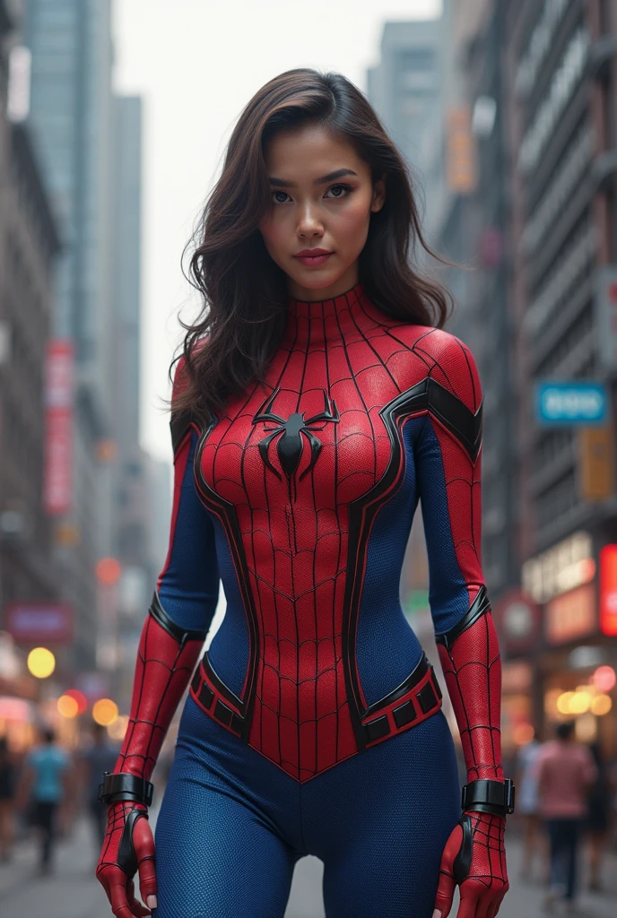 Highly realistic, high definition, 4K, young cute girl , cleavage, wearing Spiderman costume, perfect hair:1.5, pony tail hair, white colour hair, perfect body:1.5, muscular body, full body view, perfect face:1.5, perfect lips:1.5, perfect eyes:1.5, perfect background, muscles, spider woman, spiderweb as background