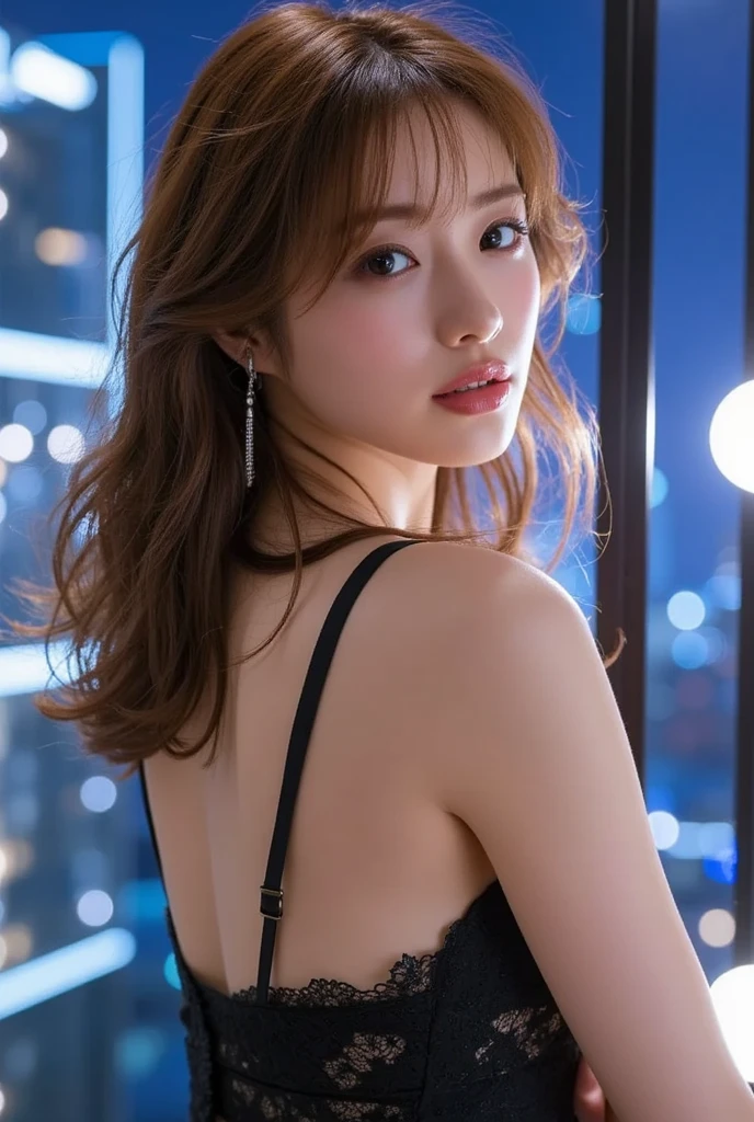 (realistic, photorealistic, best quality, 8k, RAW photo, masterpiece:1.2), beautiful Japanese girl, 20 years old, (slender), detailed face, (cute), kawaii, (wavy hair:1.2), (medium hair:1.3), (light brown hair:1.3), necklace, earrings, bracelet, (underwear with floral patterns:1.3), wedgie, (detailed eyes), (blue eyes:1.1), medium breasts, cleavage, (looking at viewer:1.3), (sad), (close-up face:1.3), (standing:1.2), BREAK (rooftop of a skyscraper:1.4), (overlooking sky scrapers), (dynamic angle), (sunset:1.2), (wind:1.5), cowboy shot, (lens flare:1.2)