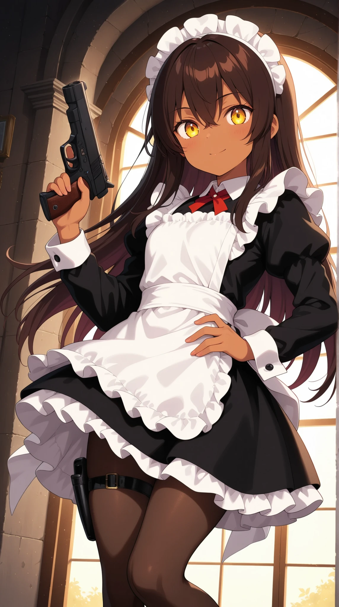 female, Brown skin, Classic Maid Dress , leg holster, handgun, backlit