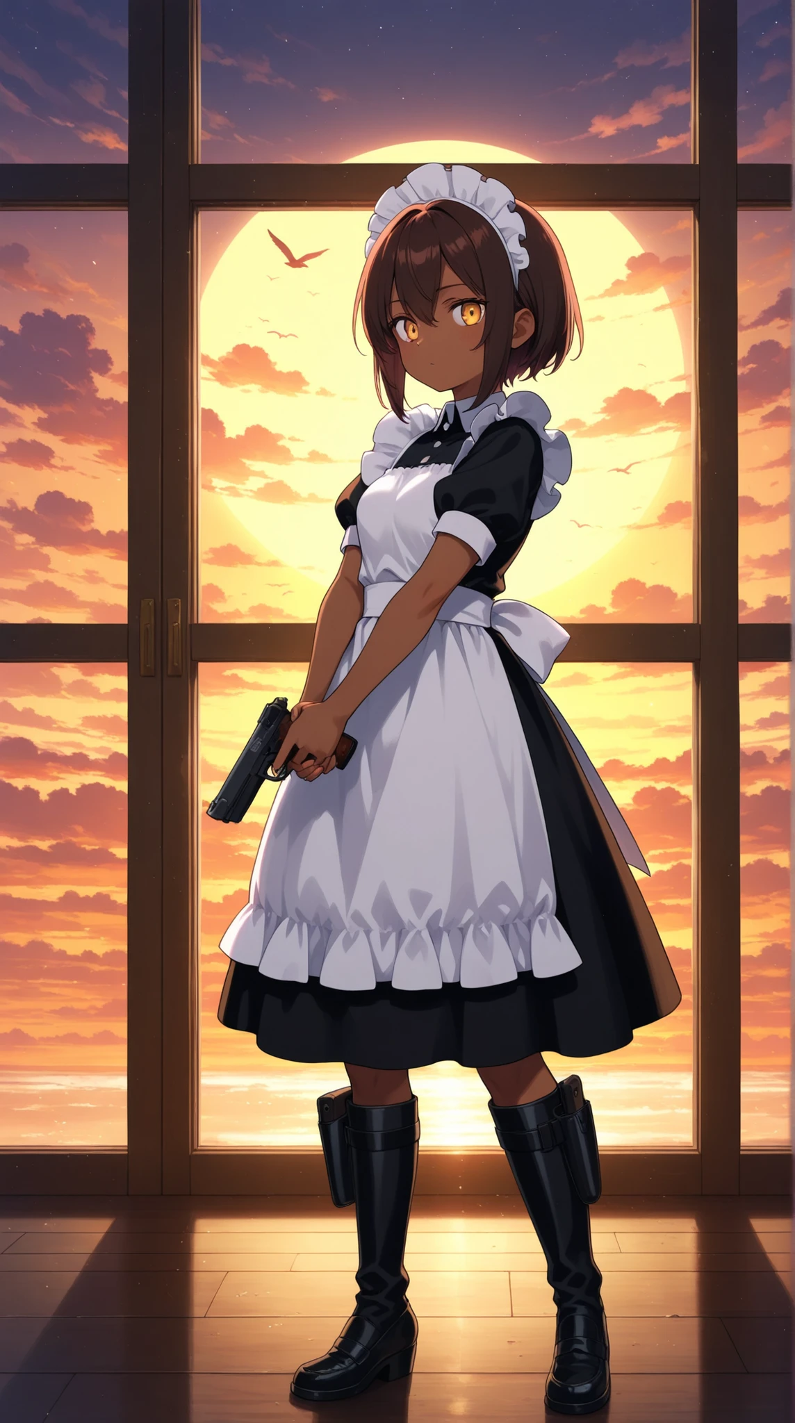 female, Brown skin, Classic Maid Dress , leg holster, handgun, backlit