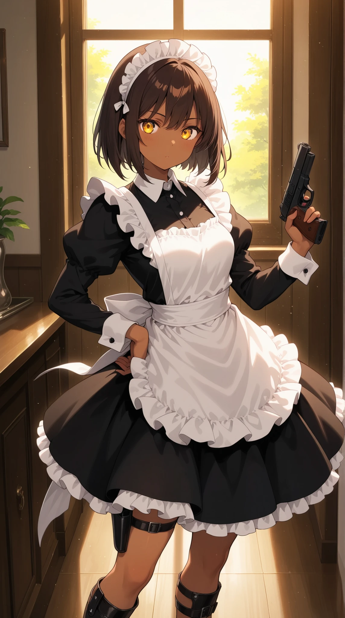 female, Brown skin,  Classic Maid Dress , leg holster, handgun,     backlit