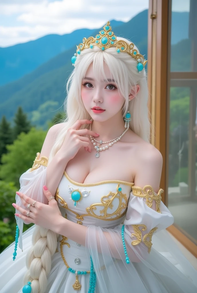 (1 Sexy Woman, Solo, White Hair, Medium Hair, Pink Princess Dress, highly detailed glamour photo of rpgroyalty, Crown, Jewelry, Tiara, elegant, Sitting on a Throne:1.4), (Detailed Eyes, glossy lip, Smile, cleavage:1.3), (Cowboy Shot, From Above:1.3), (Castle town on one side, Sunlight, depth of field:1.8), ((anatomically correct)), (Futuristic Portrait), (Extreme-Close-Up:1.5), Smile, Rim Lighting, Cinematic Light, Earrings, necklace, Look at viewer, no futuro telhado de luz neon, SSCI - FI e Fantasia, intrincado e muito bonito e elegante, altamente detalhado, pintura digital, art-station, arte conceitual, smooth and sharp focus, illustration, Arte de Tan Zi e Ayanamikodon e Alphonse Mucha e Wlop