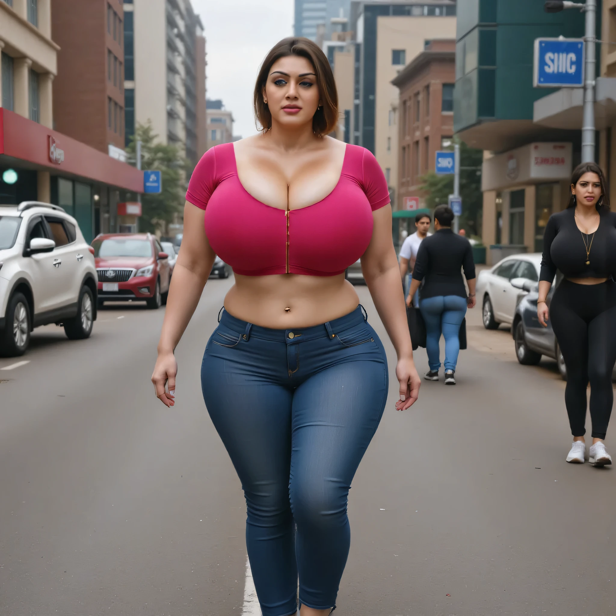 tanned tear-haired, muscular legs, muscular calves, Strong legs, muscular hips, wide hips, Curvy thighs, high-heeled sandals, fishnet tights, Stilettos, long dress with a slit, large ring earrings, Really wants to pee, runs down a busy street, soon peeing, wants to pee, desperately wants to pee, pee, pee, wants to urinate, pee, urine runs down his legs,  Expression of shame on his face, embarrassment, bites his lower lip, full bladder, terribly wants to go to the toilet, anatomically correct, realistic,