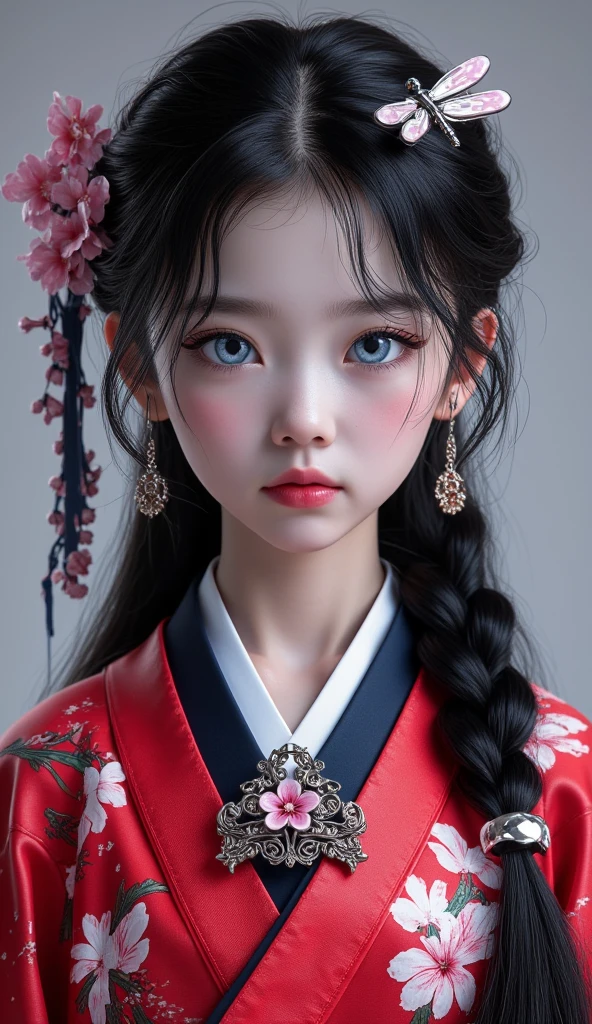 Millefiori glass style,A girl around 13 years old,Pale skin,Very long hair, Black straight hair. big、Black eyes , With a strong and mysterious expression. Dressed in orphan clothing style, More elegant and refined, Something that matches her mysterious and strong personality. comprehensive, Her presence will attract attention, Attract curious and inquisitive eyes. flat chest, movie lighting, Chromatic Aberration, Backlight, masterpiece, High Detail, high quality, 4k.