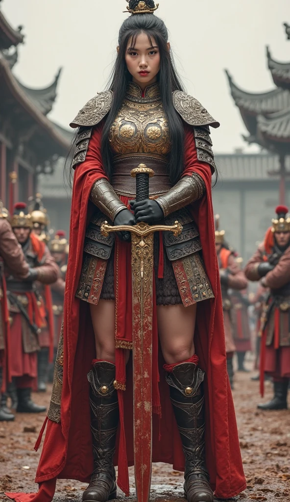 Female samurai warrior, jet black hair, dark skinned tanned, red black, freckles on the face, red lipstick, full body, no extra hair, cover top, black eyeballs, geisha warrior, brown tan skinned, sexy hair style