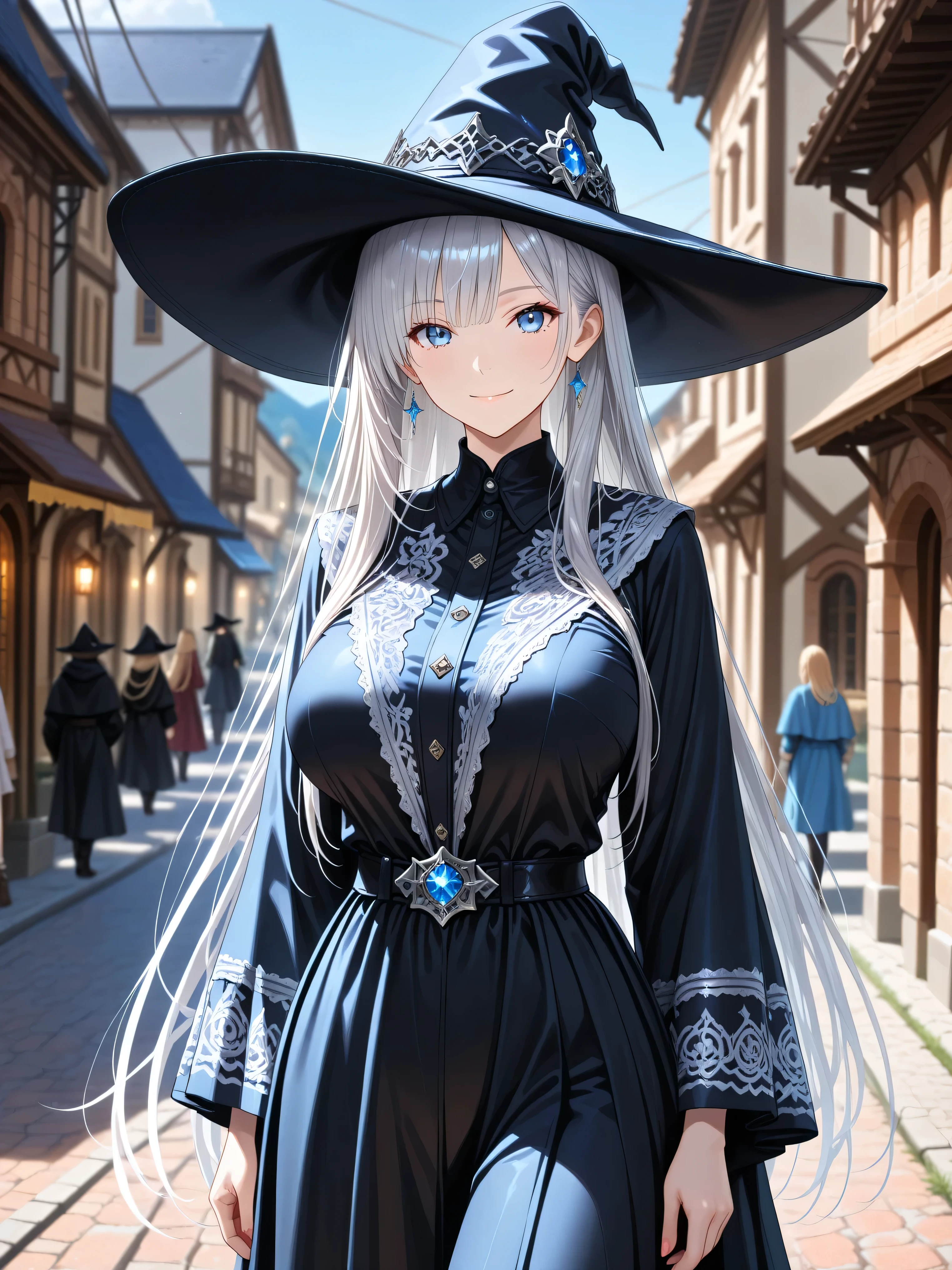 official art ,((High Construction)) ,Hi-Res CG Unity 8K Wallpaper, super high accuracy , high accuracy , Half photo , Silk Embroidery and Film Grain , Best Quality ,8k, viewer , ((masterpiece)), ((Best Quality )), (beautiful), amazing shading, cinematic lighting, high resolution , absurdres , Fashion photography , newest , hyper-detailed , realism , depth of field, extremely clear image , contrasts of light and shadow , 2 . 5D , artistic photography , hyper realistic
,BREAK, booster ,detailer ,Design ,High Construction ,BREAK ,
in the Countryside ,country ,Medieval Europe, fantasy town , BREAK ,
1girl ,((very long silver straight hair)) ,blue eyes ,black witch hat ,black witch robe ,long robe ,bangs ,big breast ,little smile ,cowboy shot