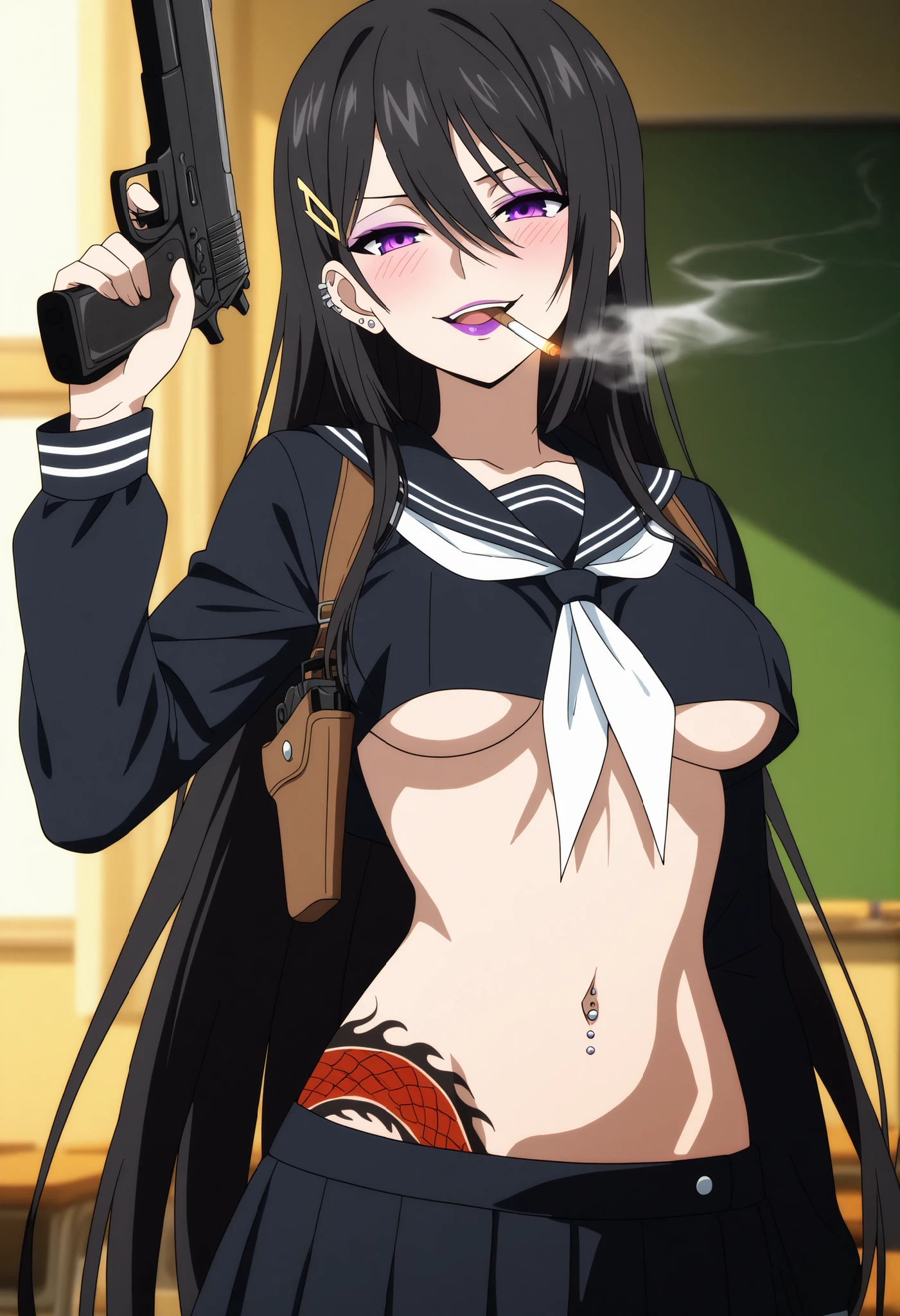ayastb, very long hair, black hair, purple eyes, hair between eyes, , hairclip, purple eyeliner, , ear piercing, long hair, blush, lipstick,Hot girl, baddie, smoking, sensual, attractive ,,masterpiece, best quality, highly detailed, a girls in sailor uniforms with a gun posing for a picture, evil
smile, smile, open mouth,black_serafuku, (nsfw) not safe for work, ecchi style, high school girls, holding
a gun, hold a gun, micro skirt, exposed belly, exposed navel, exposed midriff, holding pistol,underboob,
exposed lower belly,school, classroom, navel piercing , shoulder holster, ,dragon tattoo on waist, narrowed eyes, tattoo on waist, anipai_style , anime screencap , anime coloring, medium breast,