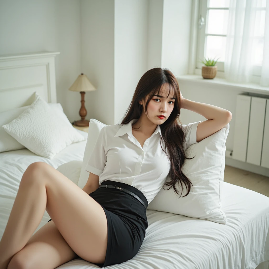 Red mid-length skirt 、White blouse、(Highest quality)、((Very detailed))、4K、(8K)、masterpiece、Super detailed、Highest quality、Super Resolution、One person、Kind Face、Soft Light、Raw quality、Soft Skin、Heel、Thighs、163cm