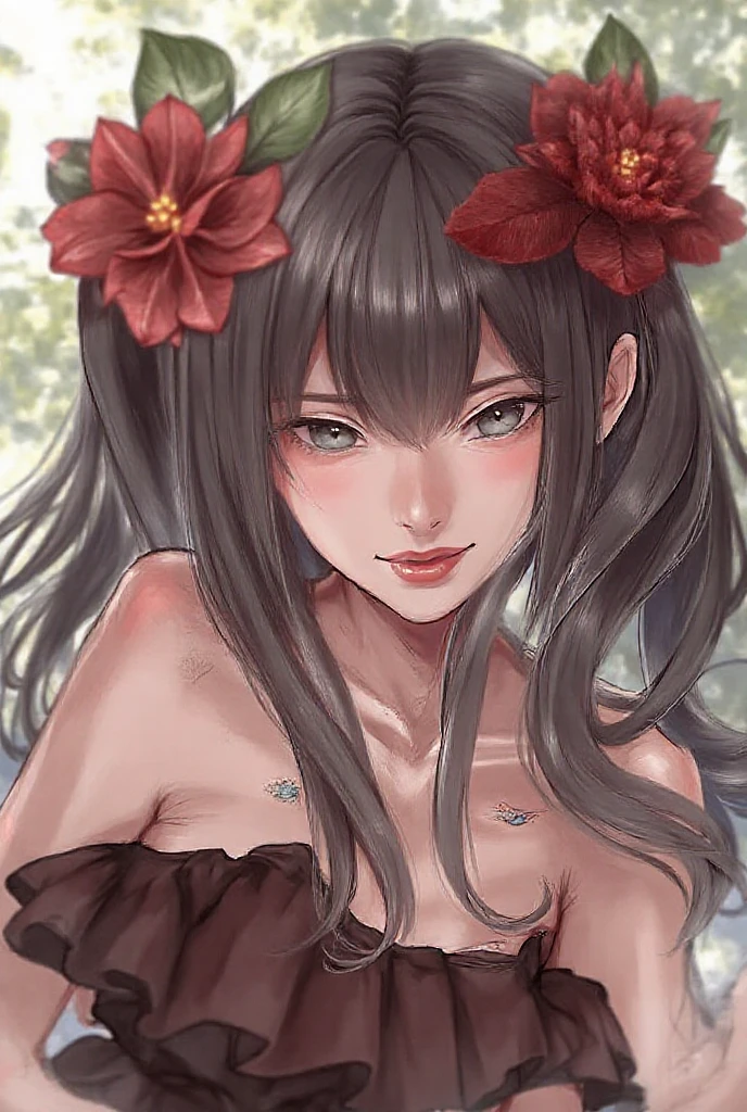 masterpiece,best quality,ultra detailed ,1girl ,black hair ,medium hair ,wavy hair nude Completely naked Floral decoration on the body Body Art smile