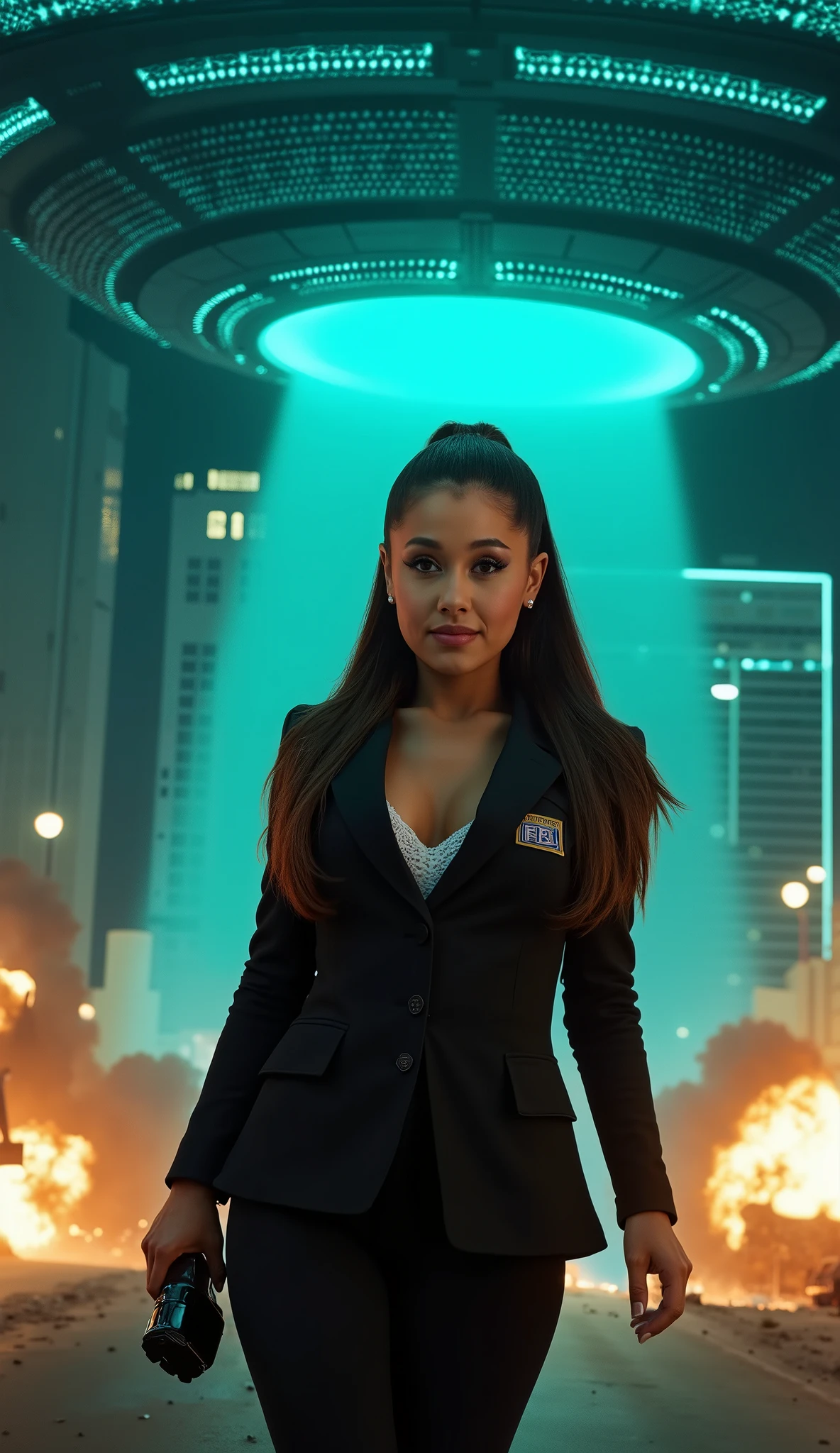 (low-angle perspective:1.6), (medium-shot:1.8), fearless FBI agent in black suit (voluptuous cleavage, white V-neck blouse), official FBI logo patch on the left chest, gripping an iPhone 15 Pro Max and tactical flashlight, the flashlight is on,intense eye contact with viewer, smile, above her is the (INDEPENDENCE DAY MOTHERSHIP:1 . 8): colossal saucer-shaped alien warship (city-sized , black armored hull with glowing blue hexagonal patterns , massive energy cannon underneath) , turquoise annihilation beam vaporizing buildings and illuminating the model from behind (dramatic backlighting , silhouette effect) , falling debris , ash clouds , fiery explosions , hyper-detailed textures (8K) , cinematic sci-fi realism , the Bellagio’s fountains reduced to smoldering craters, the Luxor’s pyramid shattered into jagged ruins, the replica Eiffel Tower collapsed and engulfed in roaring flames, overturned cars exploding, panicked mobs running through debris-filled streets, soldiers’ futile gunfire echoing amidst thick black smoke and piercing sirens, the night sky ablaze with the ship’s eerie glow, captured in a cinematic, hyper-realistic style, 8K resolution, always smiling, eye contact to the viewer, (((keep the exact face and hair details of the selected LoRA))), (((keep the typical hairstyle used by the selected LoRA)))