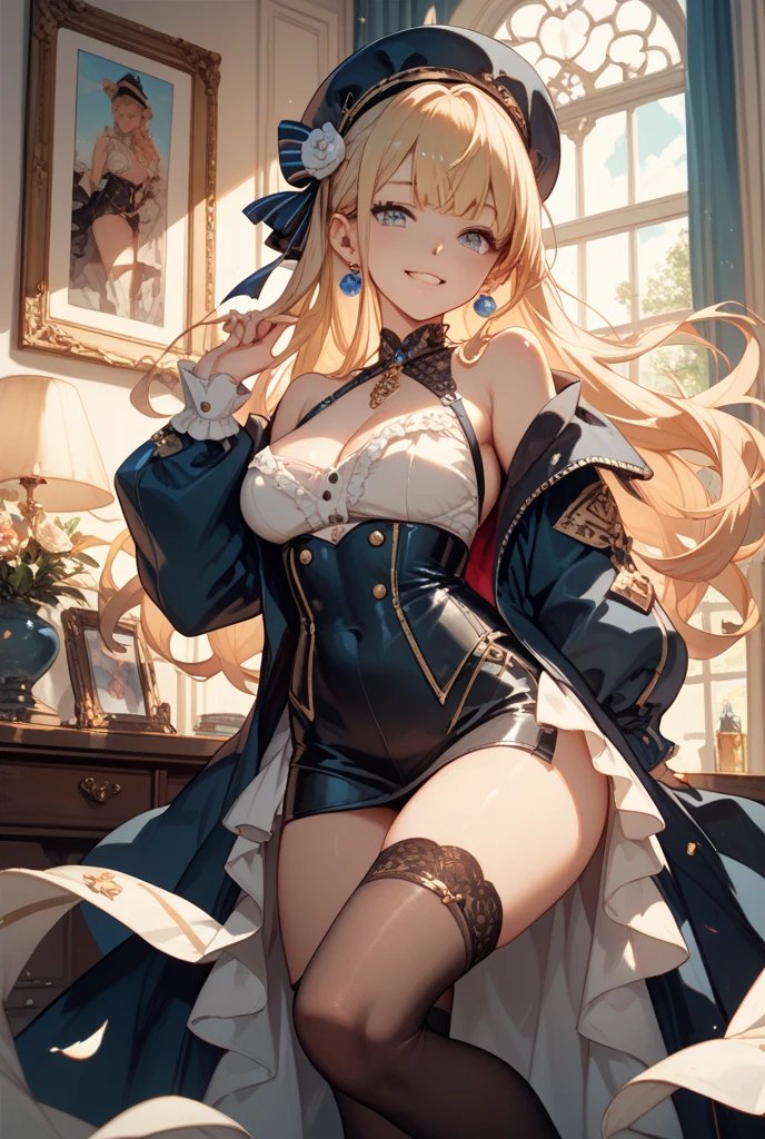 Adult Woman, Sexy Witch Cosplay, Long dark blonde wavy hair、off-shoulder knit, (darkblue pleated skirt), Medium milk, Blushing, Shy laughter, Bare shoulders、(Pose to lean forward and emphasize the chest)、(turned around)、Puffy exy hips、Red lace panties、Black High Heels、Luxurious magic wand and book、Church of the castle、sexy pose、((embarassed expression))、Lying on the sofa
