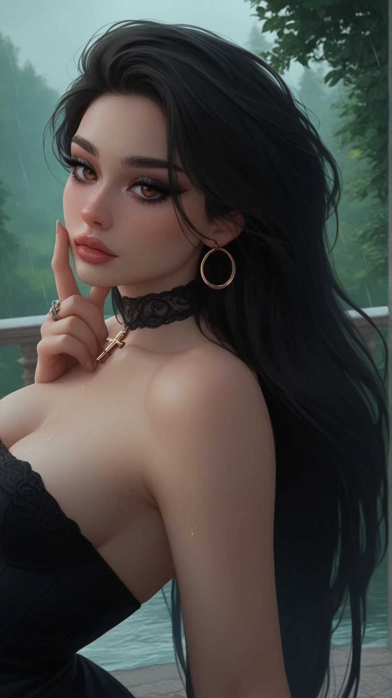 Caucasian woman, blue-black hair, wavy hair, long hair, hair in a ponytail, blue eyes, lined eyes, shiny eyes, highlights blue eyes, red lipstick, makeup, smile, athletic body, medium breasts, nipples, (((black top))). Front shot.