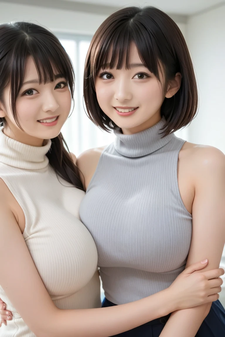 (masterpiece, realistic, photo-realistic:1.2), finely detail, ultra high res, perfect anatomy, best quality, 8K, soft focus, (happy smile:1.2), (2girls side by side, 16yo Japanese short girls, nsfw, T-shirt, short pants:1.2), upper body shot, focus on breasts, (black straight hair, short hair, blunt bangs:1.2), beautiful detailed face and big eyes, (glowing fair skin:1.2), (pointed huge breasts, gigantic breasts:1.2), (bloom, awesome detailed cafe, cafe interior with soft light shining in, antique tables and chairs, houseplants, stairs, hanging lights, cafe supplies, reflect:1.2), (sitting at table, shirt lift:1.1),