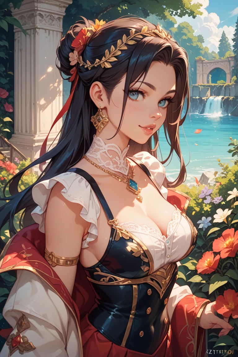 (Daisaku),(Need),(Super meticulous),(medium to long shot),(full bodyesbian:1.2),1girl holding a rose,Light powder blue background,Pink tutu,ellegance, curlies,blue bow,hyper detail eyes,(putting makeup on),(best illuminate,Extremely refined and beautiful),Fantasy art, Red roses, anime illustration, Rococo art style, Fantasy art style, disney artstyle, (beautiful detailed face),(美丽细致的眼睛)k hd,Unbeatable masterpiece