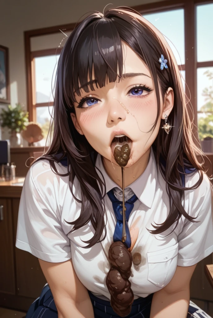 hyperrealistic,1woman,mature woman licking penis in hand,blowjob,handjob,woman with curvy body,black hair,woman focus,sweaty,face focus,smile,at public bathroom,brown sleeveless sweater,pov blowjob,armpit hair,open mouth,excessive cum on tongue,cumshot,from above