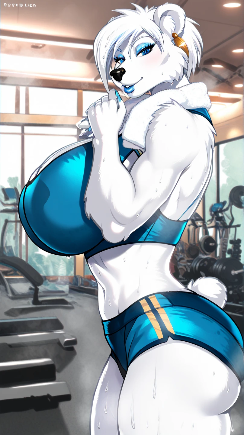 Sexy woman, working out at the (gym), (latex), bulky ((diaper)), diapered, beautiful, pleasure, colorful, fantasy, (big breasts), (wide hips), blushing, big lips, bimbo, long lashes, (confident), atmospheric, (mood lighting), (seductive), selfie, city, smiling, raised eyebrows, tight pants, spandex, working out, exercising, (mirrors), sunny, wood floors, (Instagram), Instagram selfie, sunlight, ((hipster)), windows, (spandex leggings)