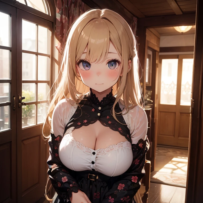Masterpiece,Best Quality,(Super Detail),Perfect Lighting, Highly detailed CG,Super detailed,(Highly detailed eyes,Very cute face,Highly detailed face:1.3),Beautiful Anime Girl,(Solo Girl),(Super huge boobs,Big Boobs:1.9),(Functional,Glamour,sexy:1.9),(Blonde,Short Hair,twin braids,Let your hair hang forward:1.7),(Big light blue eyes),(Very happy smile:1.5),break,(Black Gothic Lolita Dress,Juliet Sleeve,ruffle cuffs,Black underbust,Black frilly headdress,Black long skirt:1.5),Cleavage,Gothic interior,Sit on a leather sofa