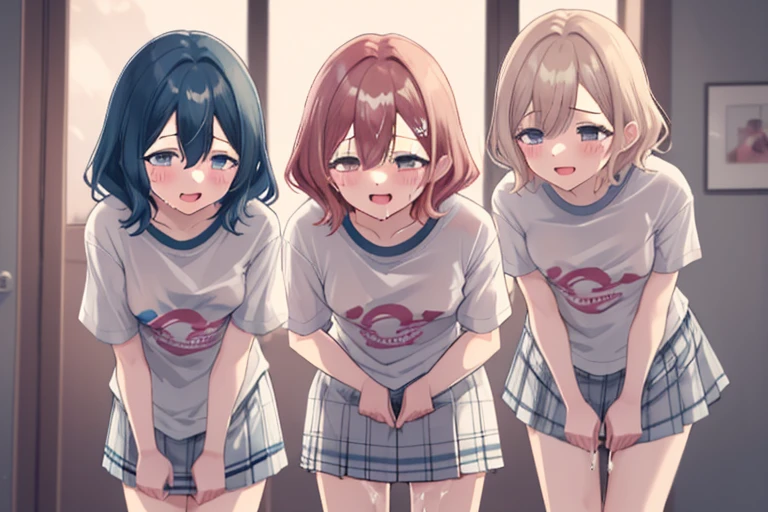 Masterpiece, beautiful slender girl, multiple girls, bus stop, unzipped shorts, panties, bottomless, skirt, dress, pussy peek, pussy, no panties, sweat, sweatdrop, t-shirt, midriff, pussy juice, blushing, bare legs, slim, full body, sneakers, embarrassed, scared, covering mouth, thigh strap, vibrator, small breasts, peeing, pee, pee puddle, peeing, female crowd
