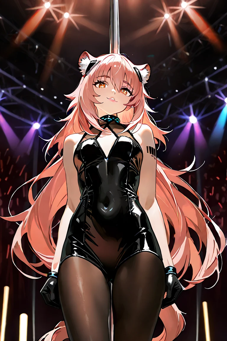 Highest quality, Highest quality, High quality illustrations, masterpiece, Ultra-high resolution, Detailed Background, club, Disco, Absurd, Perfect Anatomy, Performance, Good lighting, Shadows in the movie(kemono, Furry Personification), Rubber suit, Rubber Suit, latex, Earrings, Bunny Suit, Fishnet tights, male, Pink Skin, null bulge