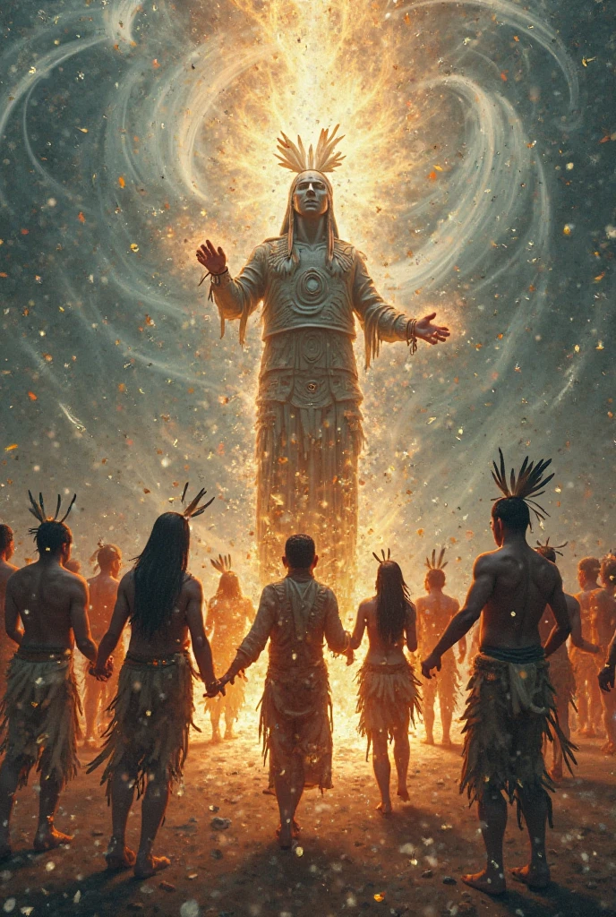 A representation of Tonantzin at the moment of the birth of Huitzilopochtli. Huitzilopochtli is shown emerging with force, As the heavenly warriors fall defeated. In the background, Symbols of power are observed, like snakes and weapons, that gradually fade away, giving rise to images that represent home and worship, as household tools and altars.
