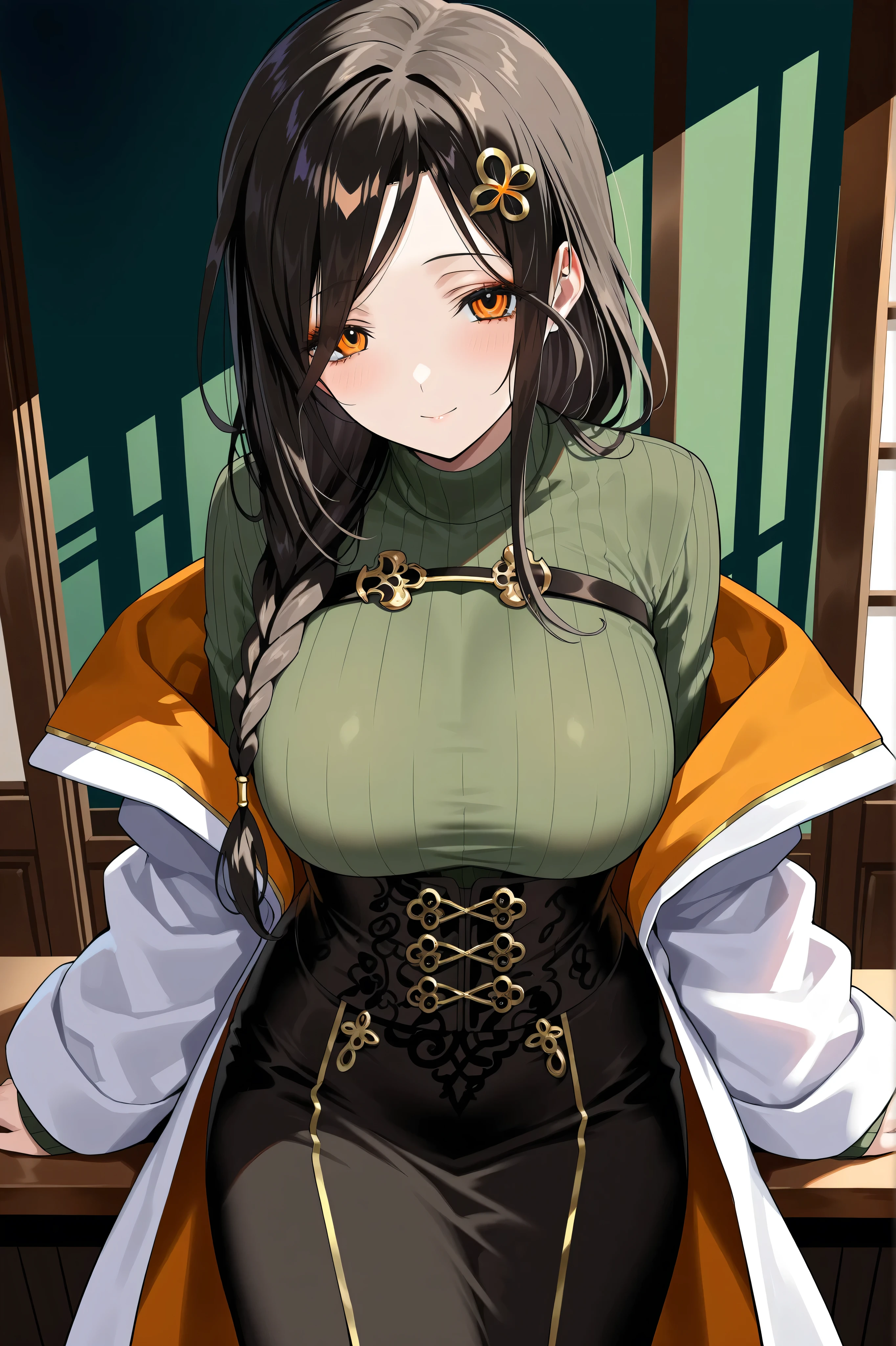 masterpiece,best quality, amazing quality, highres, absurdres, very aesthetic, high resolution, ultra detailed, perfect details,nijitomoe,large breasts,orange eyes,black hair,makeup,long hair,single braid,hair over sholuder,hair ornament,nijitomoecos,green sweater,ribbed sweater,long sleeves,gold trim,black corset,black skirt,long skirt,look at viewer,mature female,